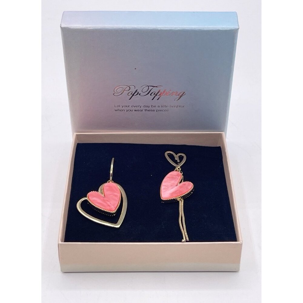 New Pop Topping Gold Tone Pink Heart Asymmetrical Dangle Earrings Valentines Day